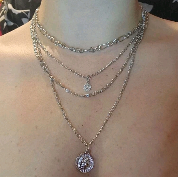 Silver chain Layered Necklace coin pendant statement boho Jewelry 💖2/$30 - Picture 13 of 15